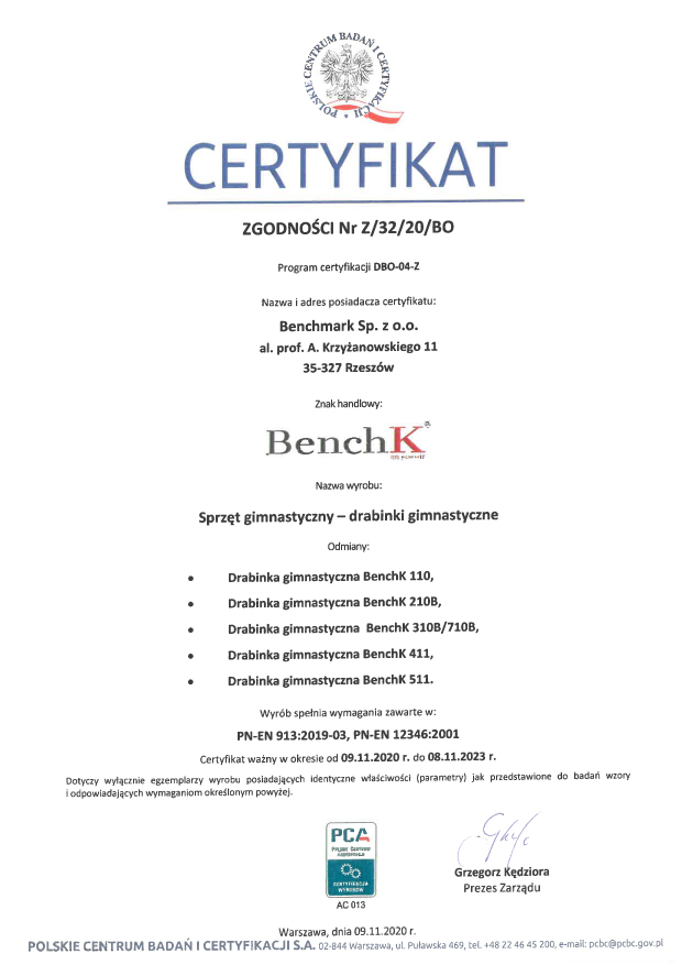 Certyfikat drabinek gimnastycznych BenchK