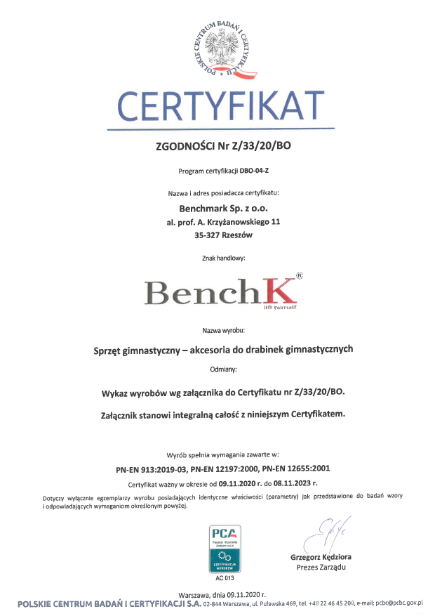 Certyfikat drabinek gimnastycznych BenchK